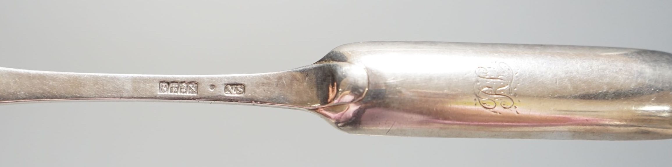 A George III Irish silver marrow scoop, Samuel Neville, Dublin, 1818, 25.2cm.